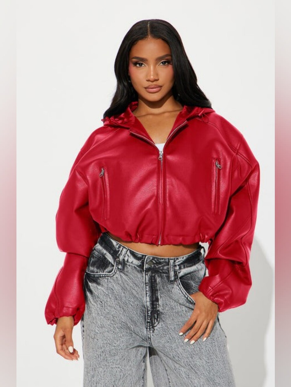 New+Tag FashionNova Womens Small Faux Patent Red Leather Jacket Cropped Hoodie
